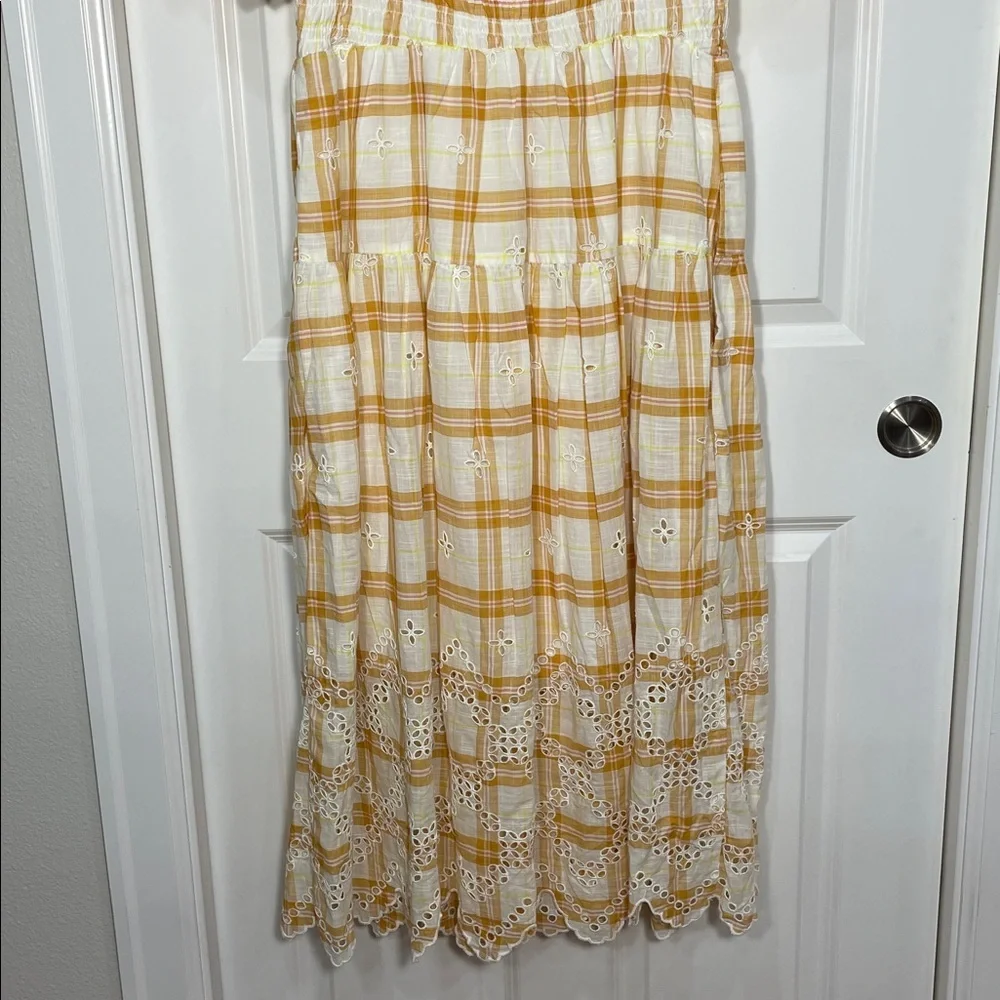 Anthropologie Puff-Sleeve Eyelet Midi Dress Size Large Smocked Plaid Yellow - Picture 13 of 17